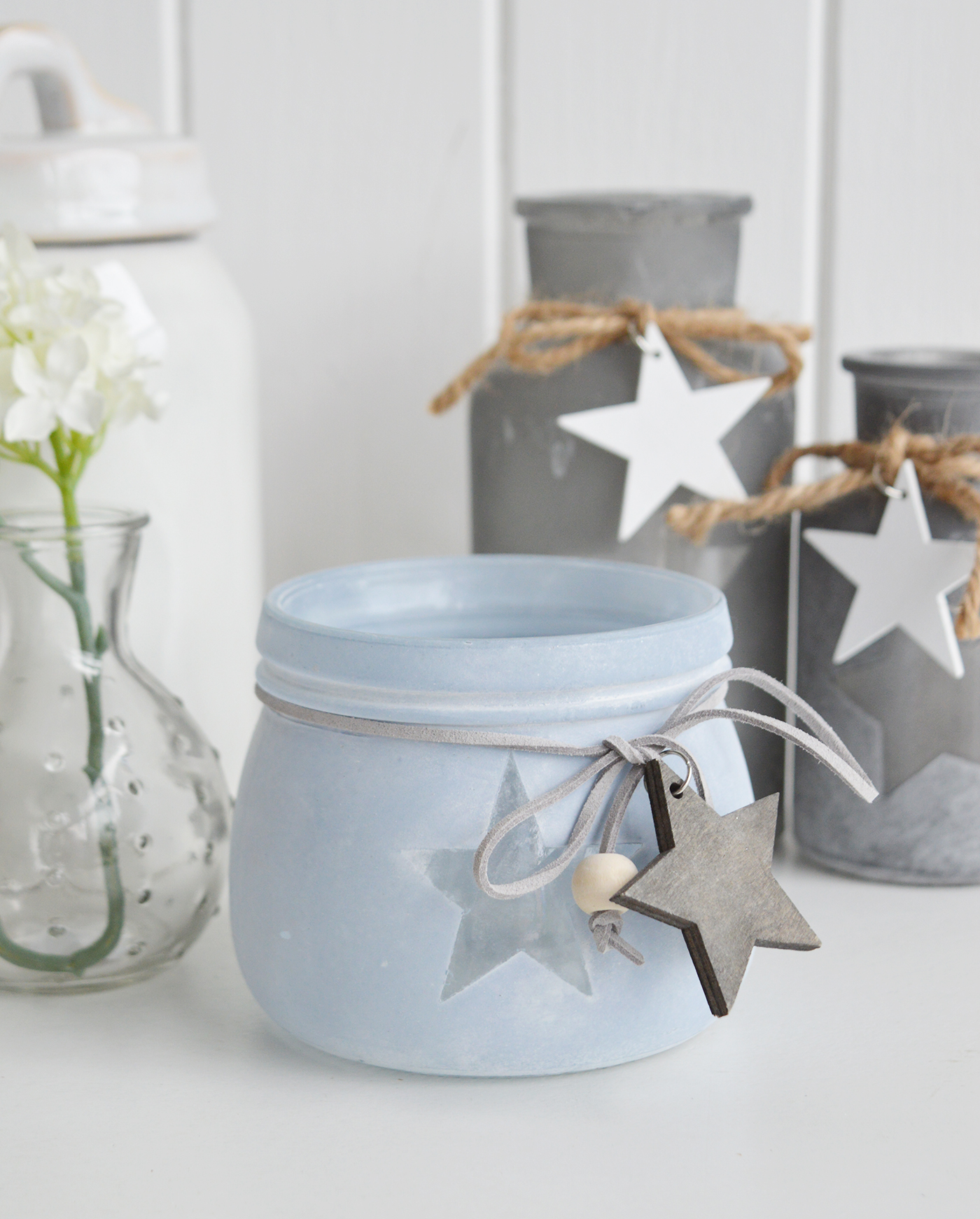 Etched glass  lantern candle holder with stars from The White Lighthouse. New England , coastal, country and white furniture and home interiors for the hallway, living room, bedroom and bathroom.